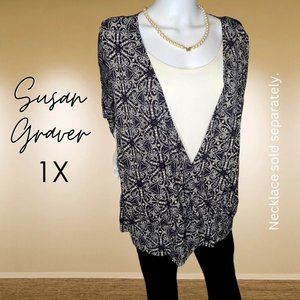Susan Graver 1x Layered 1 Piece Blouse Lightweight Black & Cream Flower Pattern